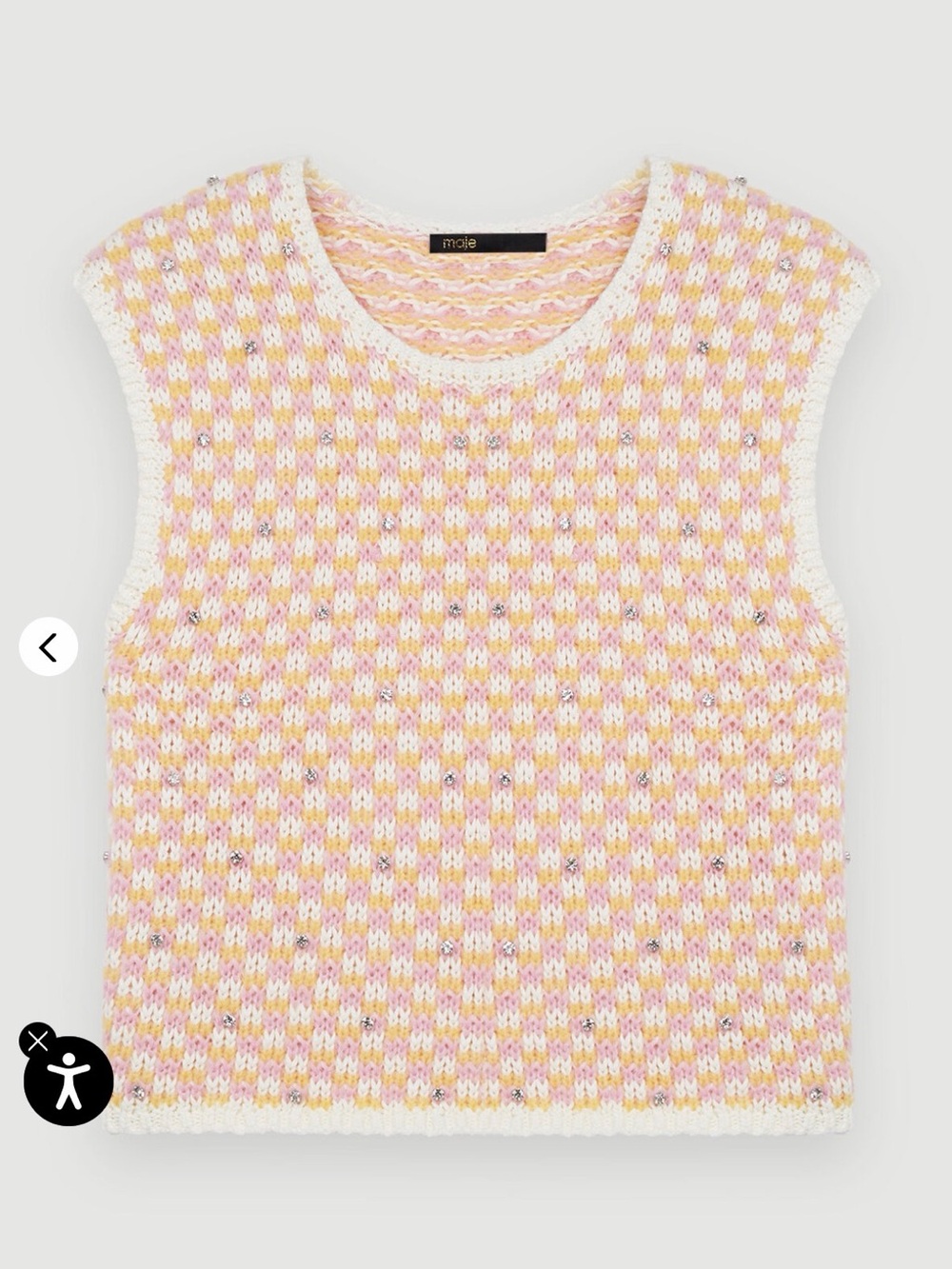 Maje Pink & Cream Checkered Knit Sleeveless Vest with rhinestones